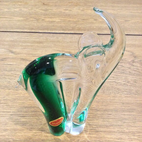 Murano Art Glass Elephant Green Clear EXCELLENT w/ Sticker